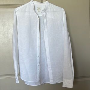 100% crisp linen slim fit band collar casual shirt